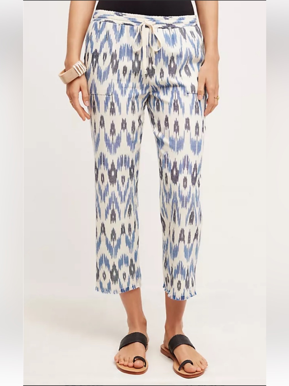 Anthropologie HeiHei aztec southwestern Cotton Linen Pants Small blue white grey